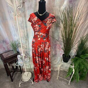 NWOT📌 Bright Red Floral Wrapped Bodice Design Wide Leg Cap Sleeves Jumpsuit